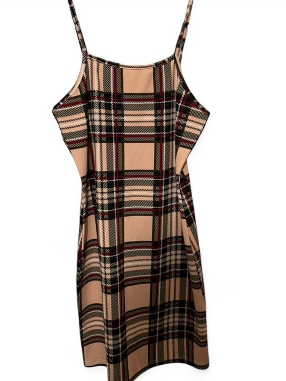 Beige Plaid Spaghetti-Strap Dress